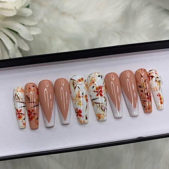 Orange Leaves & Flowers On Nails | Handmade Press On Nails | Fake Nails - Picture 1 of 9